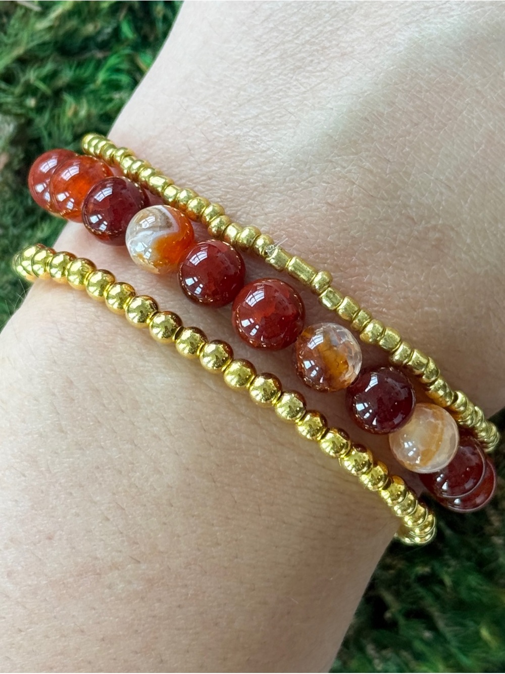 Natural Carnelian Bracelet Set 8mm Round Crystal Beads Gold Tone Accents